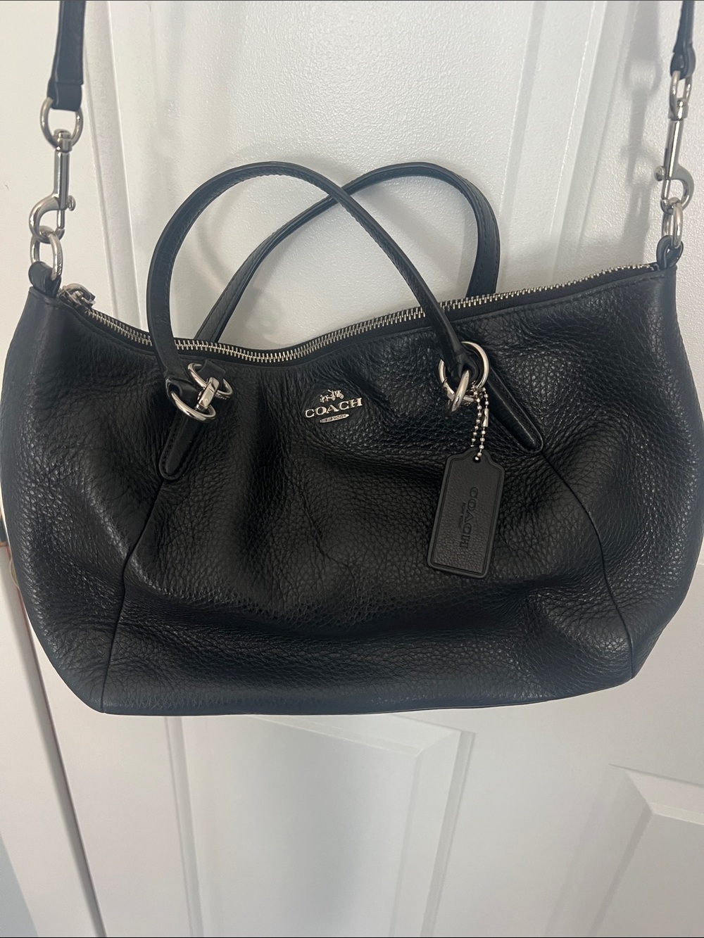 Coach Black Pebbled Leather Satchel with Shoulder Strap . 14W, 9L.